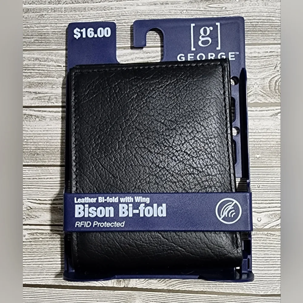 NWT George Men's Genuine American Bison Leather Black Bi-fold Wallet - Picture 1 of 6